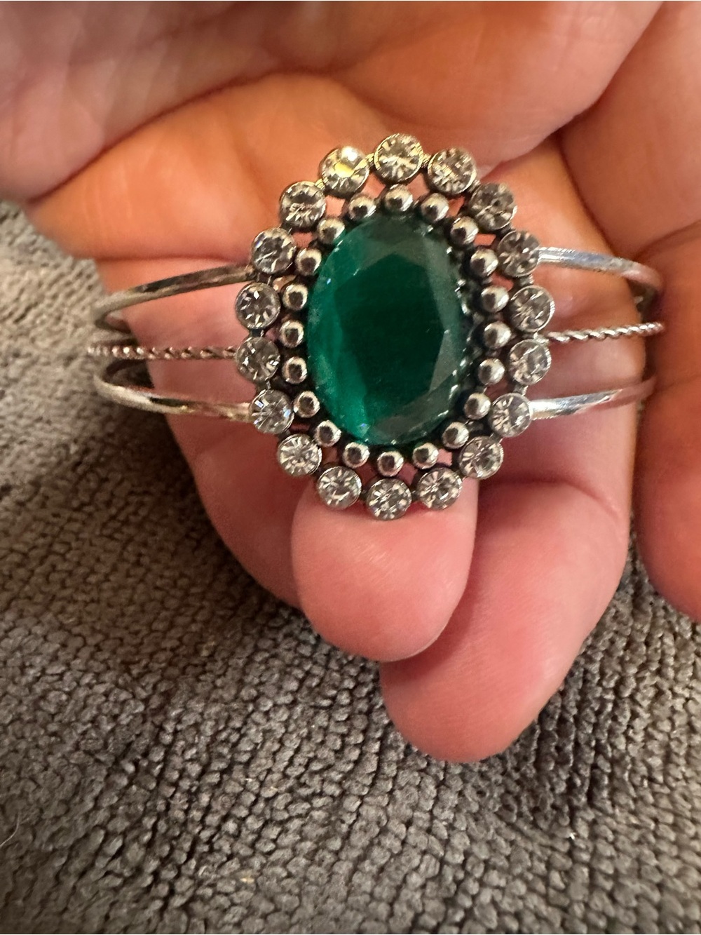 Silver-Tone Bracelet with Deep Green Oval Gem and Crystal Halo